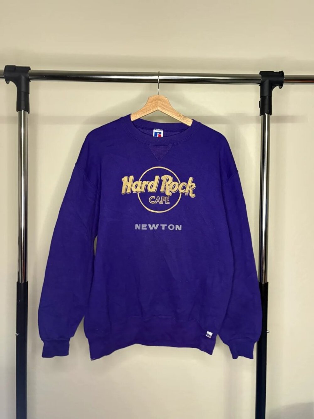 Vintage 90s Hard Rock Cafe Newton Russell Athletic Purple Crewneck Sweatshirt XL